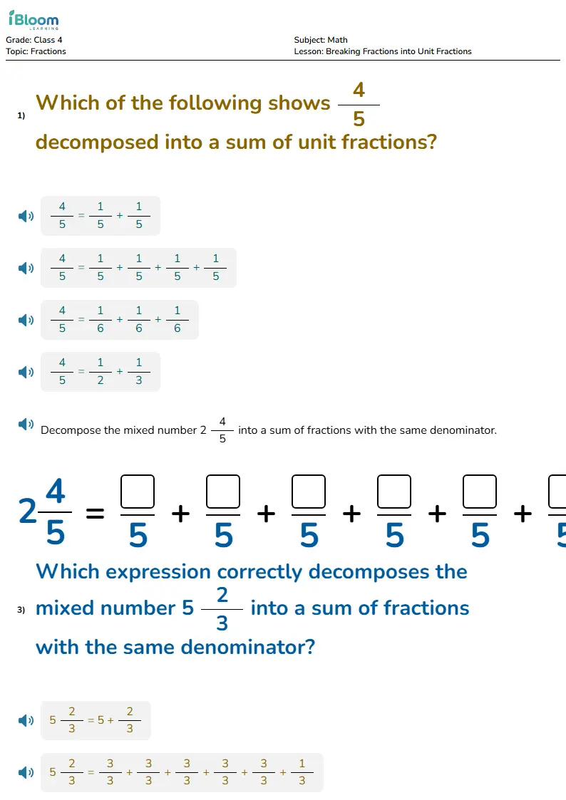 Free Breaking Fractions into Unit Fractions Worksheets for Class 4