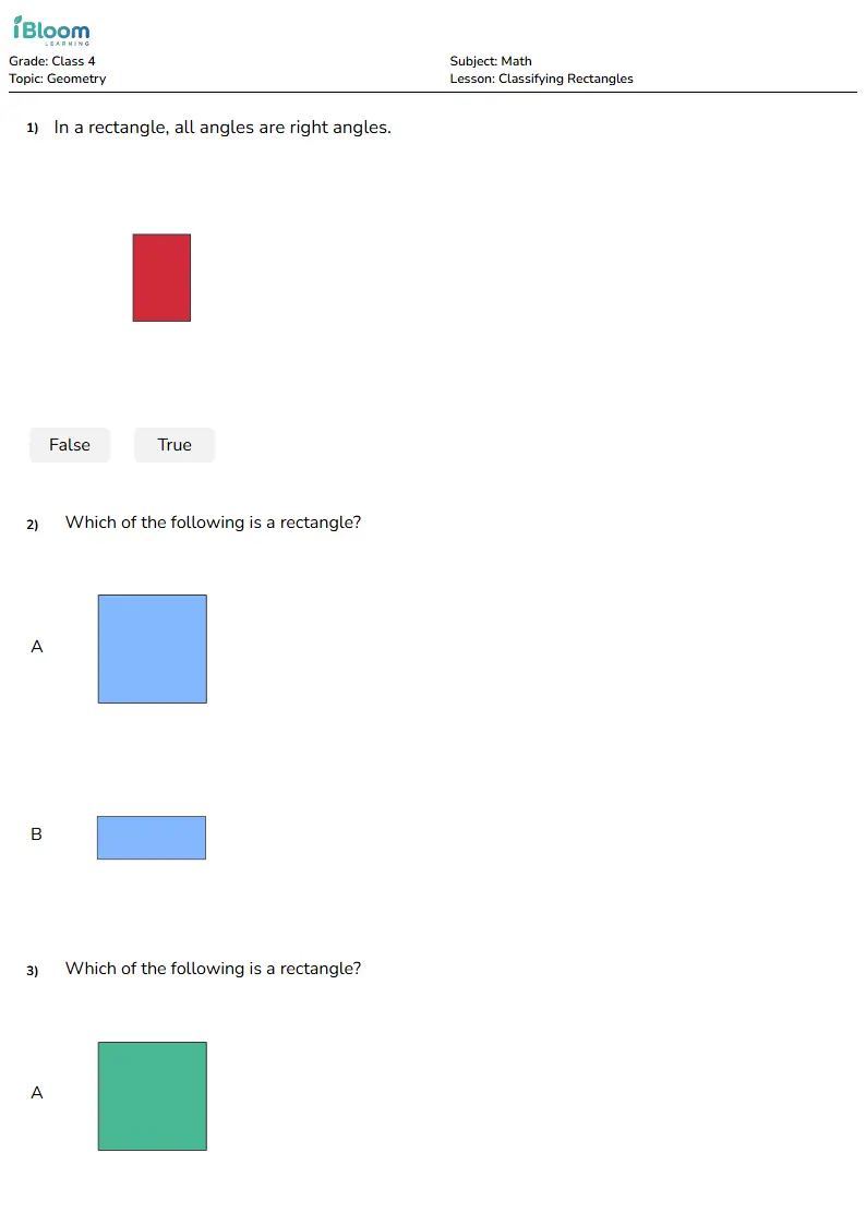 Free Classifying Rectangles Worksheets for Class 4
