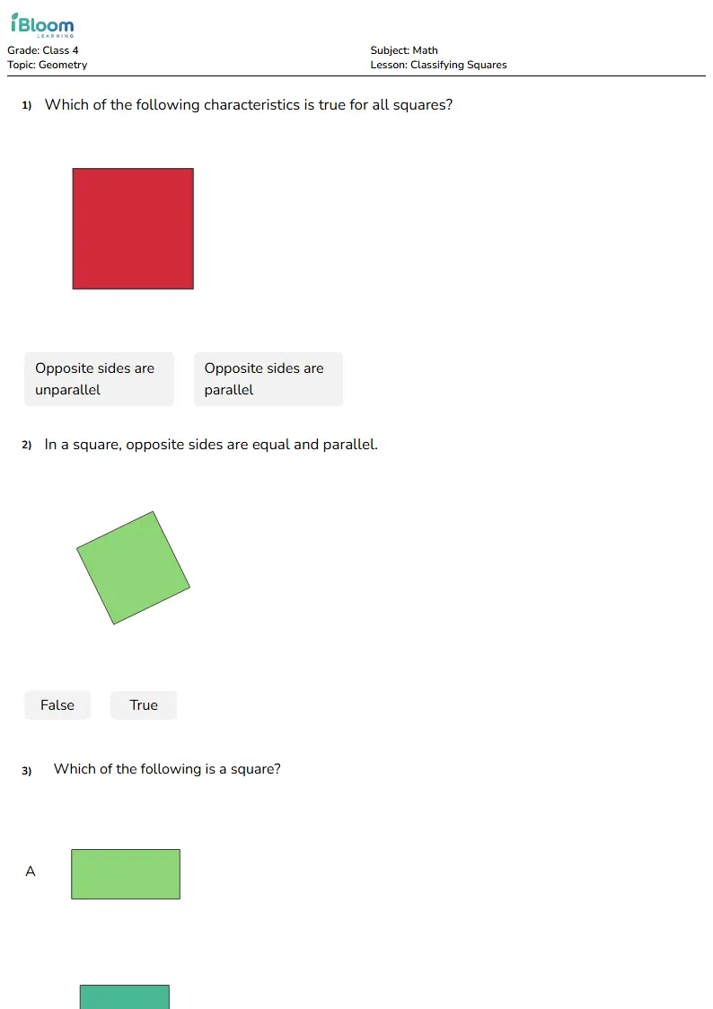 Free Classifying Squares Worksheets for Class 4 | iBloom