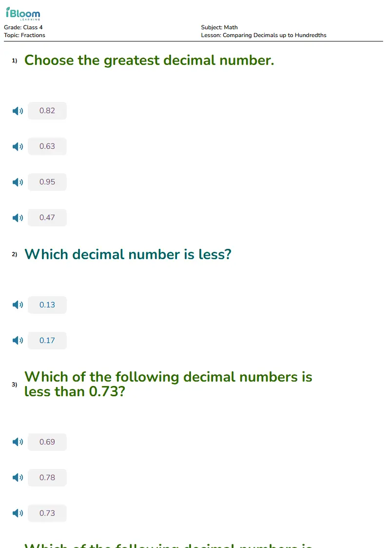 Free Comparing Decimals up to Hundredths Worksheets for Class 4
