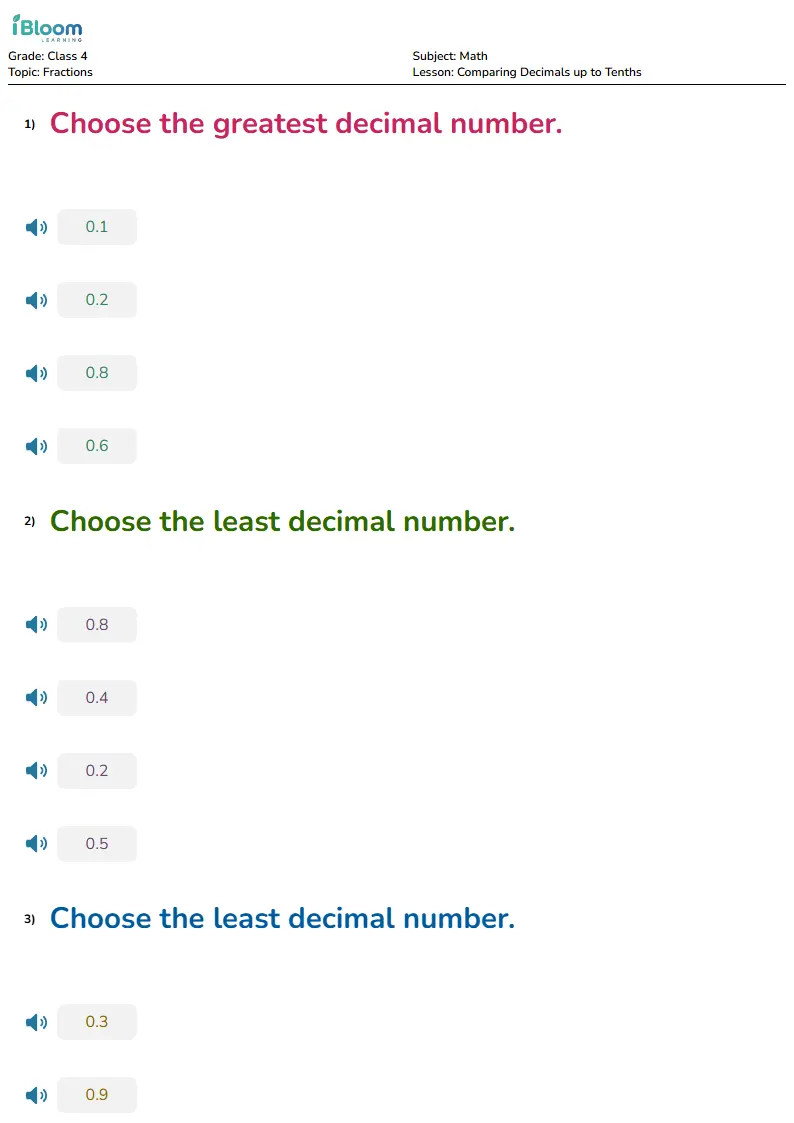 Free Comparing Decimals up to Tenths Worksheets for Class 4