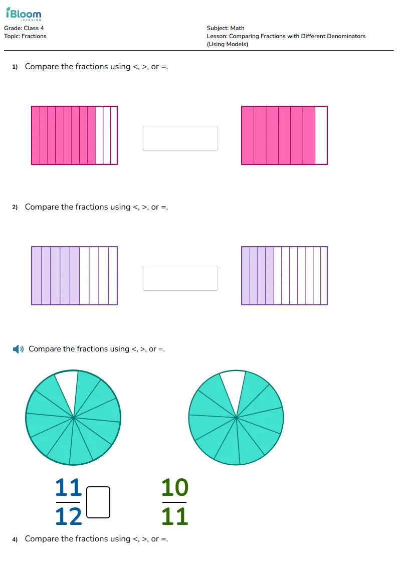 Free Comparing Fractions with Different Denominators (Using Models) Worksheets for Class 4