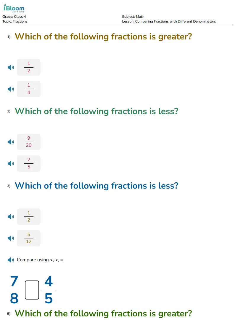 Free Comparing Fractions with Different Denominators Worksheets for Class 4