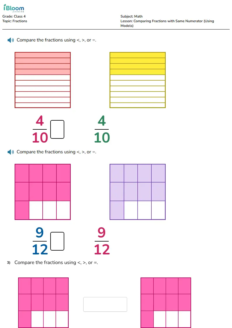 Free Comparing Fractions with Same Numerator (Using Models) Worksheets for Class 4