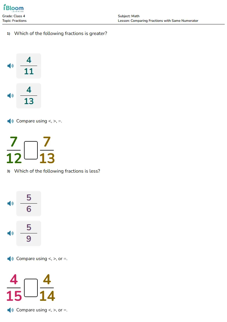 Free Comparing Fractions with Same Numerator Worksheets for Class 4