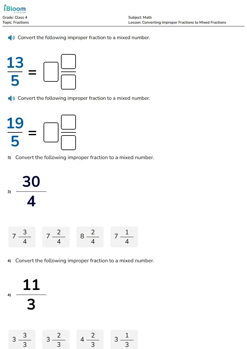 Free Converting Improper Fractions to Mixed Fractions Worksheets for Class 4