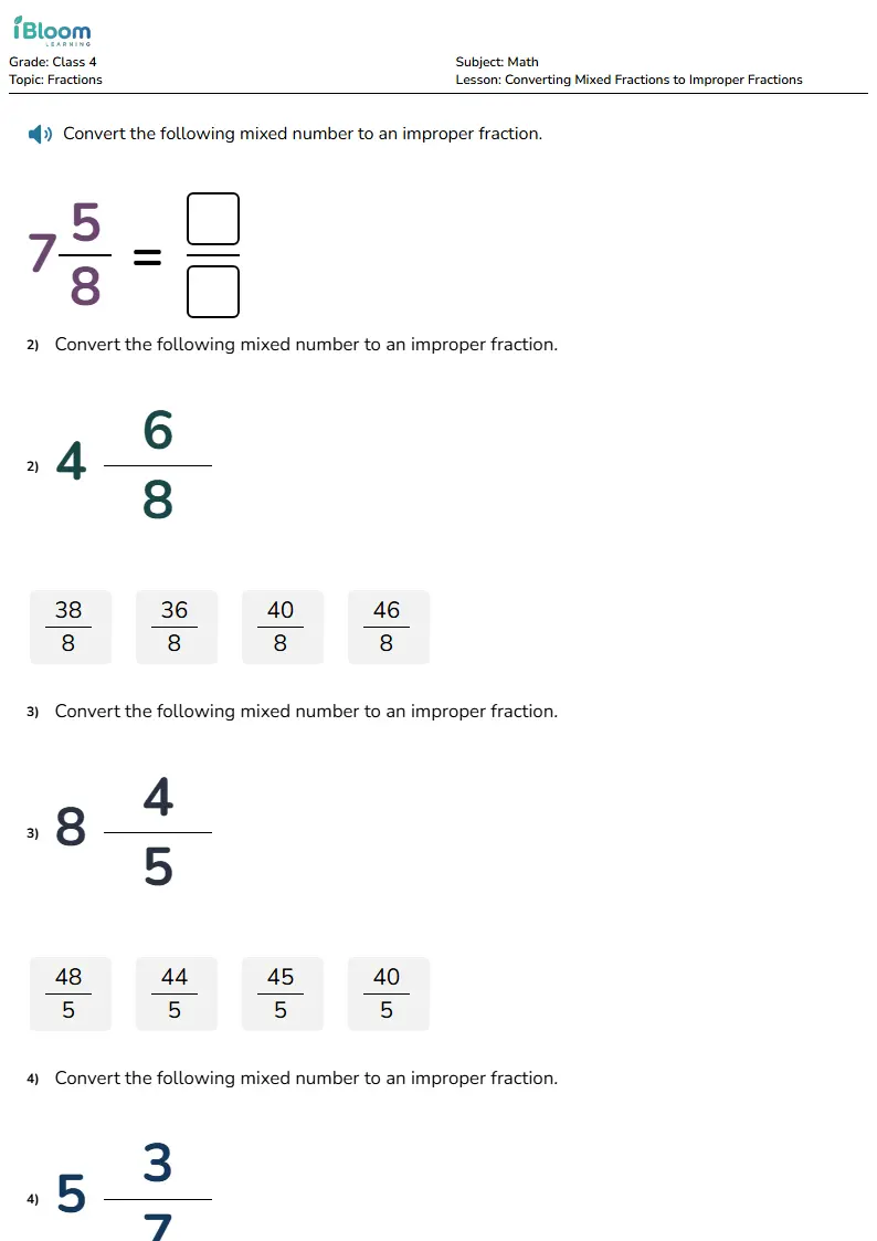 Free Converting Mixed Fractions to Improper Fractions Worksheets for Class 4