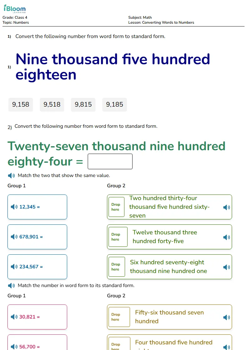 Free Converting Words to Numbers Worksheets for Class 4