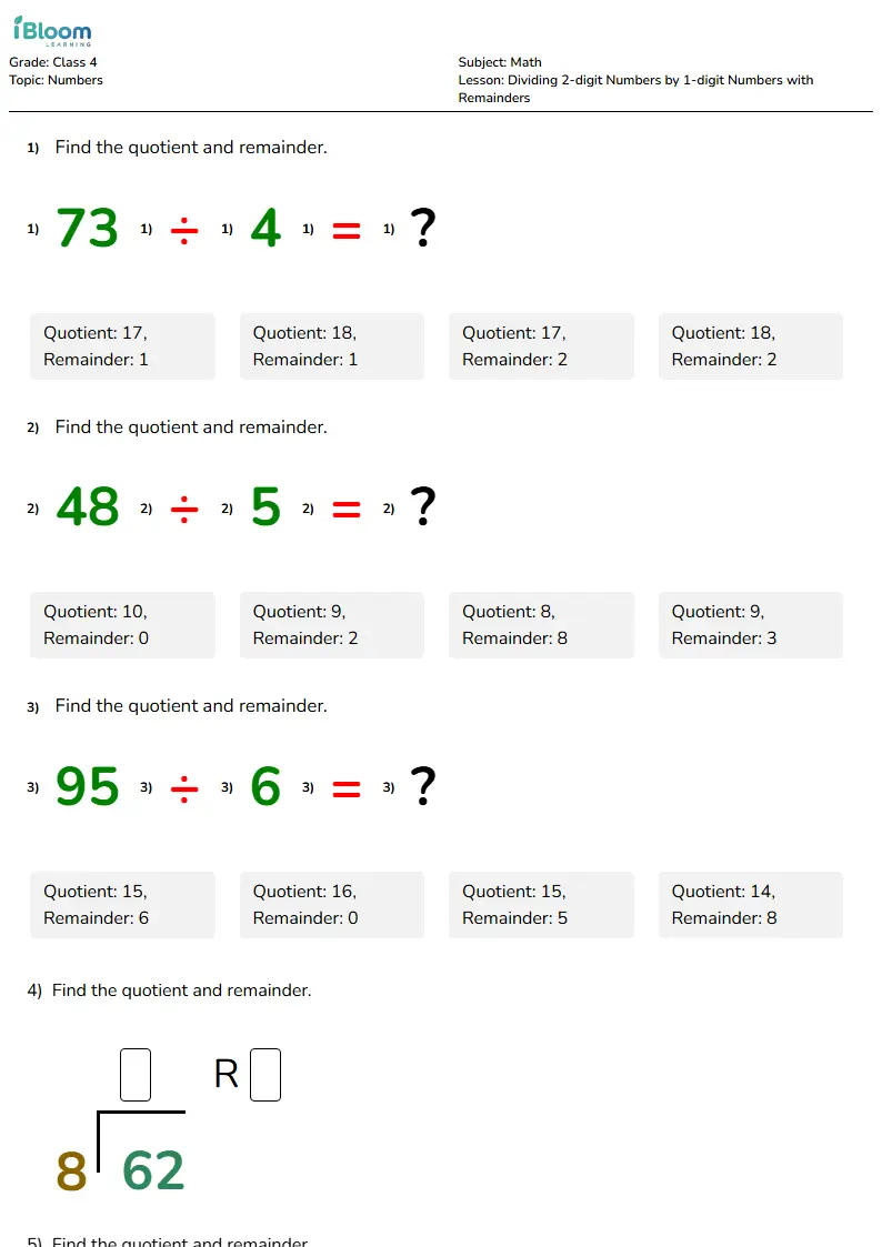Free Dividing 2-digit Numbers by 1-digit Numbers with Remainders Worksheets for Class 4