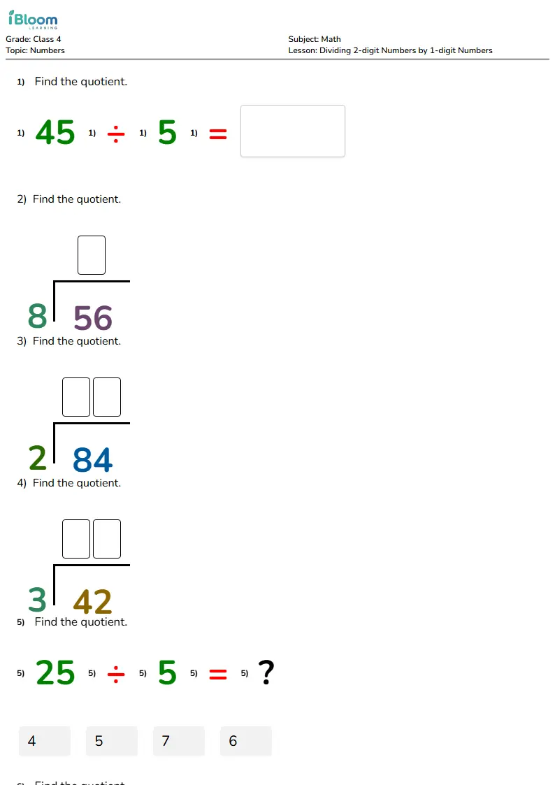 Free Dividing 2-digit Numbers by 1-digit Numbers Worksheets for Class 4