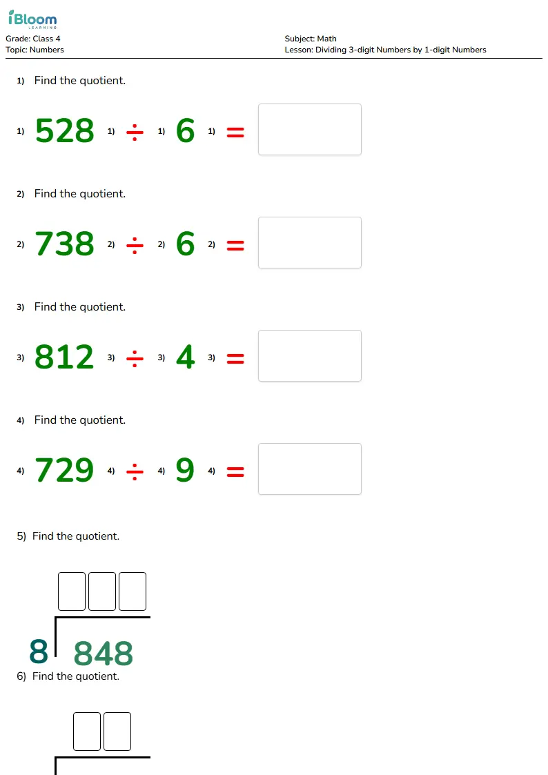 Free Dividing 3-digit Numbers by 1-digit Numbers Worksheets for Class 4
