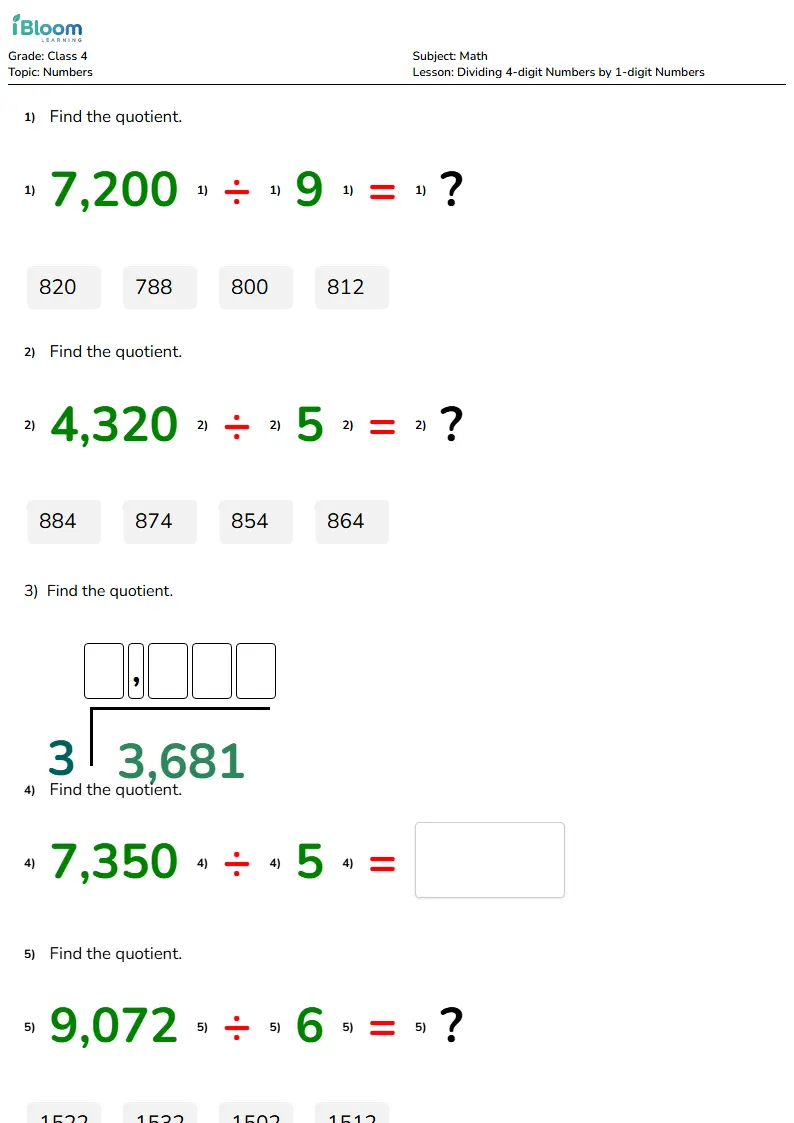 Free Dividing 4-digit Numbers by 1-digit Numbers Worksheets for Class 4