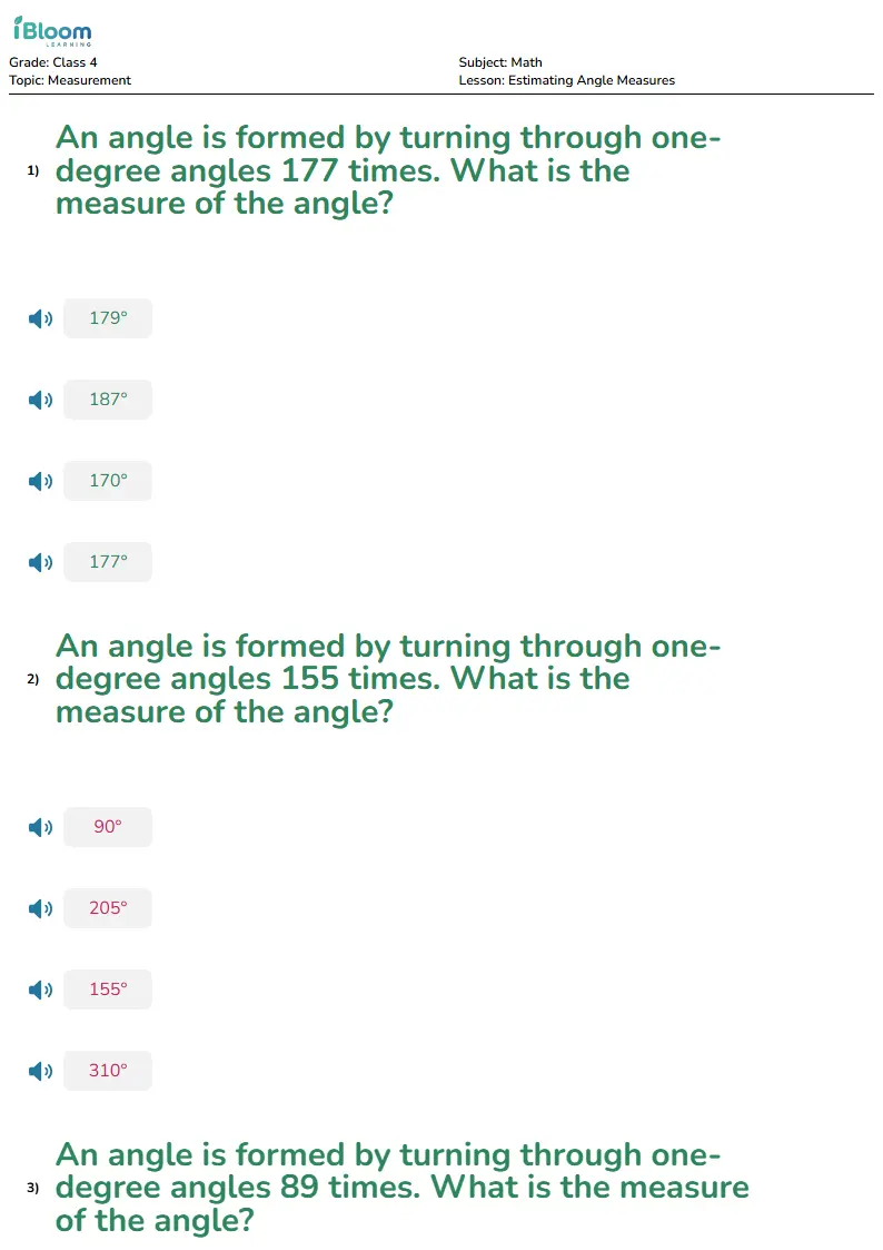 Free Estimating Angle Measures Worksheets for Class 4