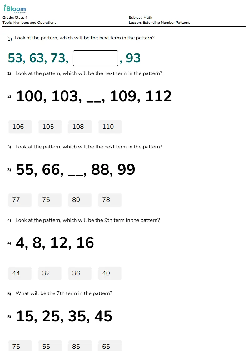 Free Extending Number Patterns Worksheets for Class 4