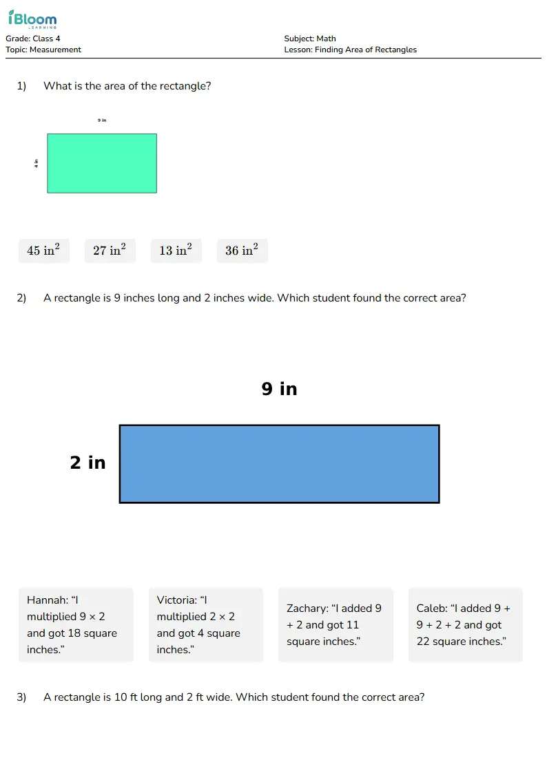 Free Finding Area of Rectangles Worksheets for Class 4 | iBloom
