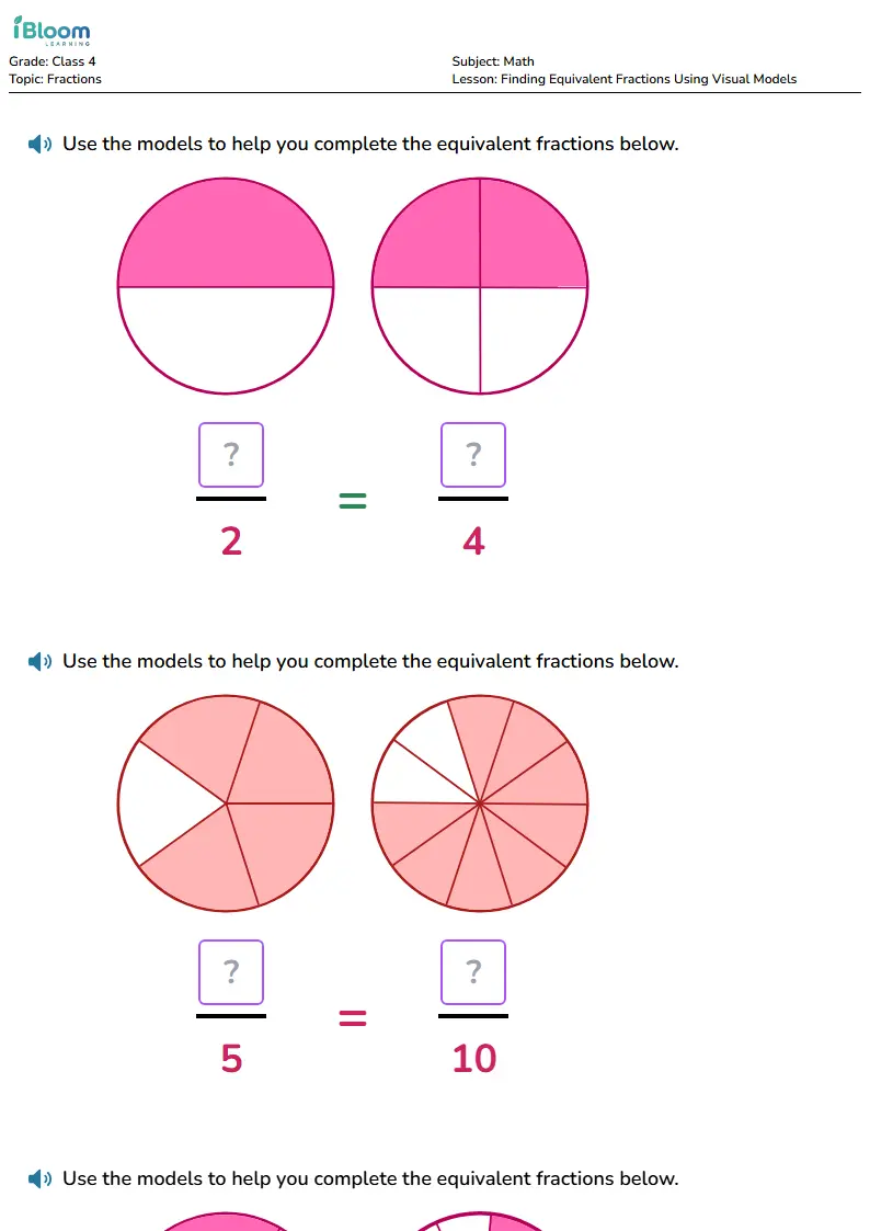 Free Finding Equivalent Fractions Using Visual Models Worksheets for Class 4 | iBloom
