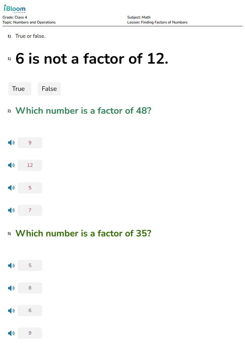 Free Finding Factors of Numbers Worksheets for Class 4 | iBloom