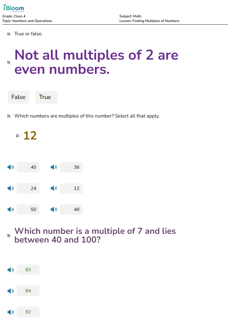 Free Finding Multiples of Numbers Worksheets for Class 4 | iBloom