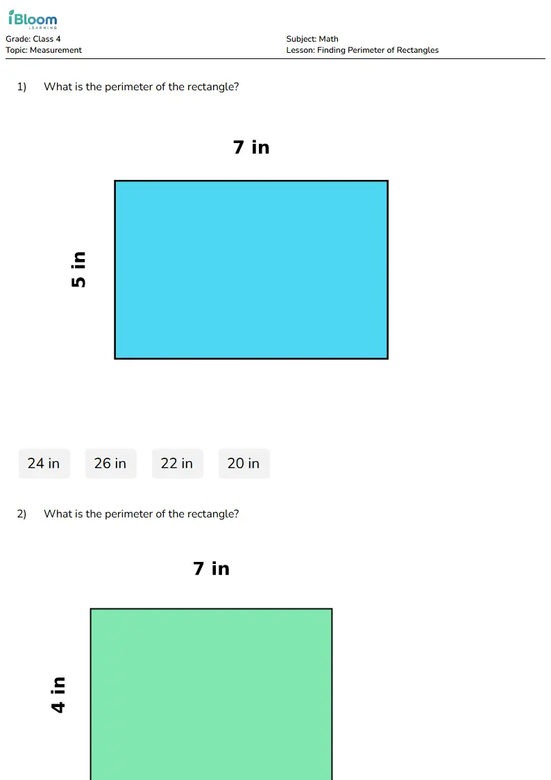 Free Finding Perimeter of Rectangles Worksheets for Class 4 | iBloom