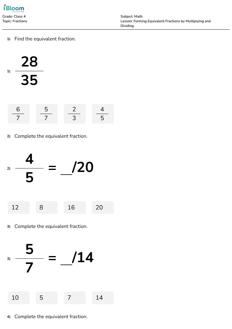 Free Forming Equivalent Fractions by Multiplying and Dividing Worksheets for Class 4 | iBloom
