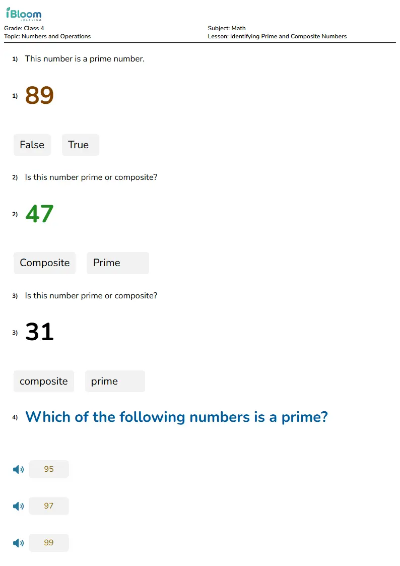 Free Identifying Prime and Composite Numbers Worksheets for Class 4 | iBloom