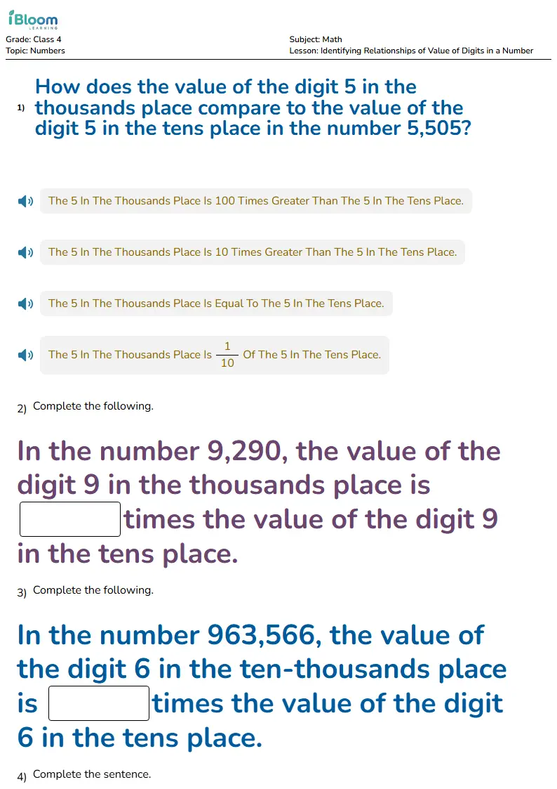 Free Identifying Relationships of Value of Digits in a Number Worksheets for Class 4 | iBloom