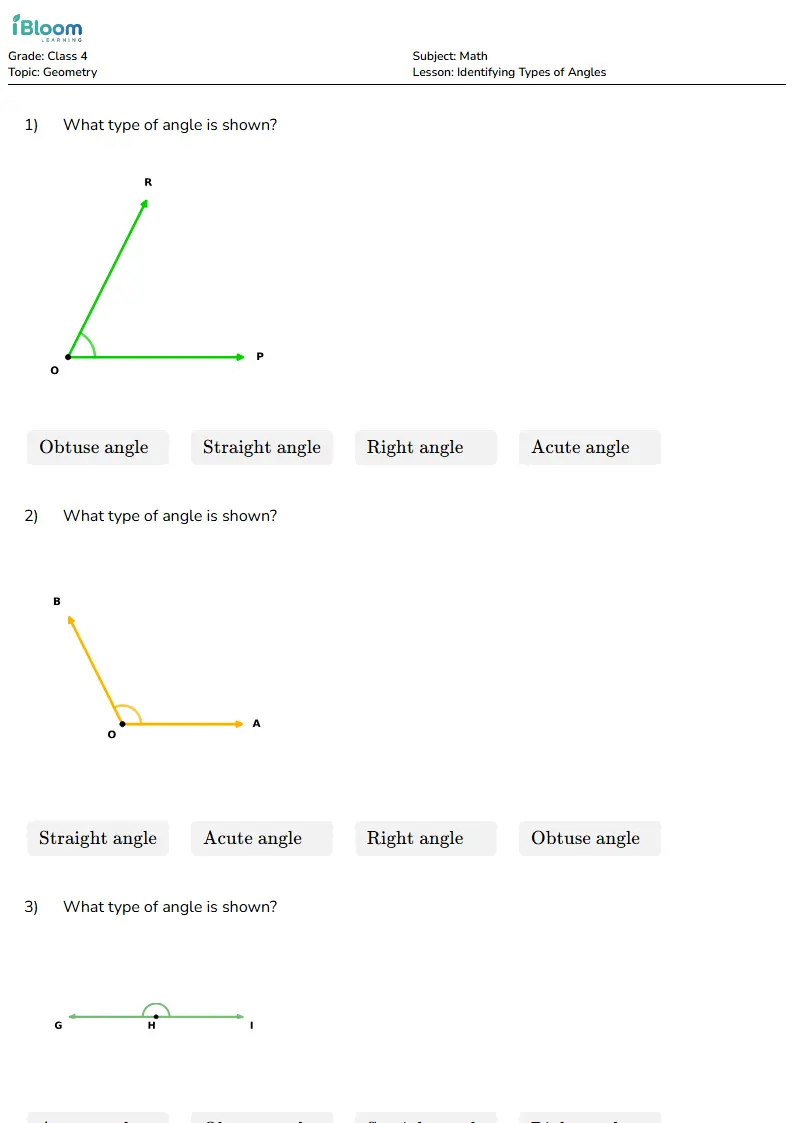 Free Identifying Types of Angles Worksheets for Class 4 | iBloom