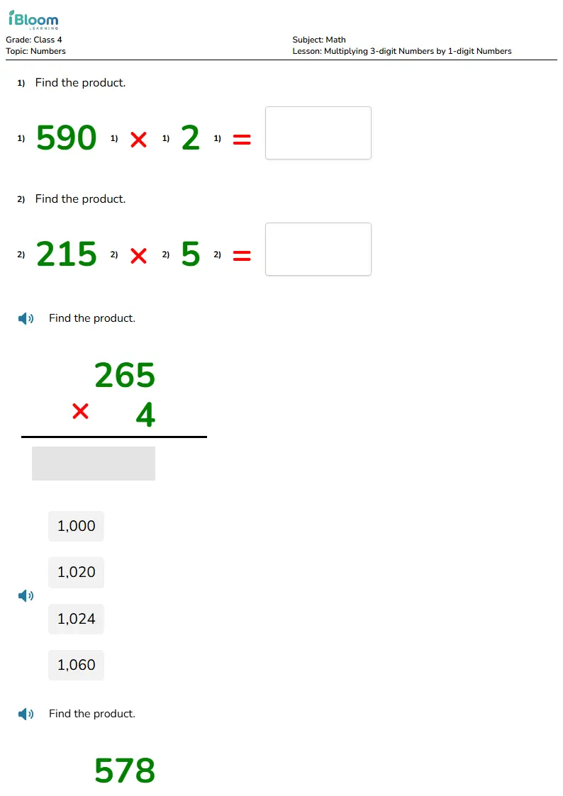 Free Multiplying 3-digit Numbers by 1-digit Numbers Worksheets for Class 4 | iBloom