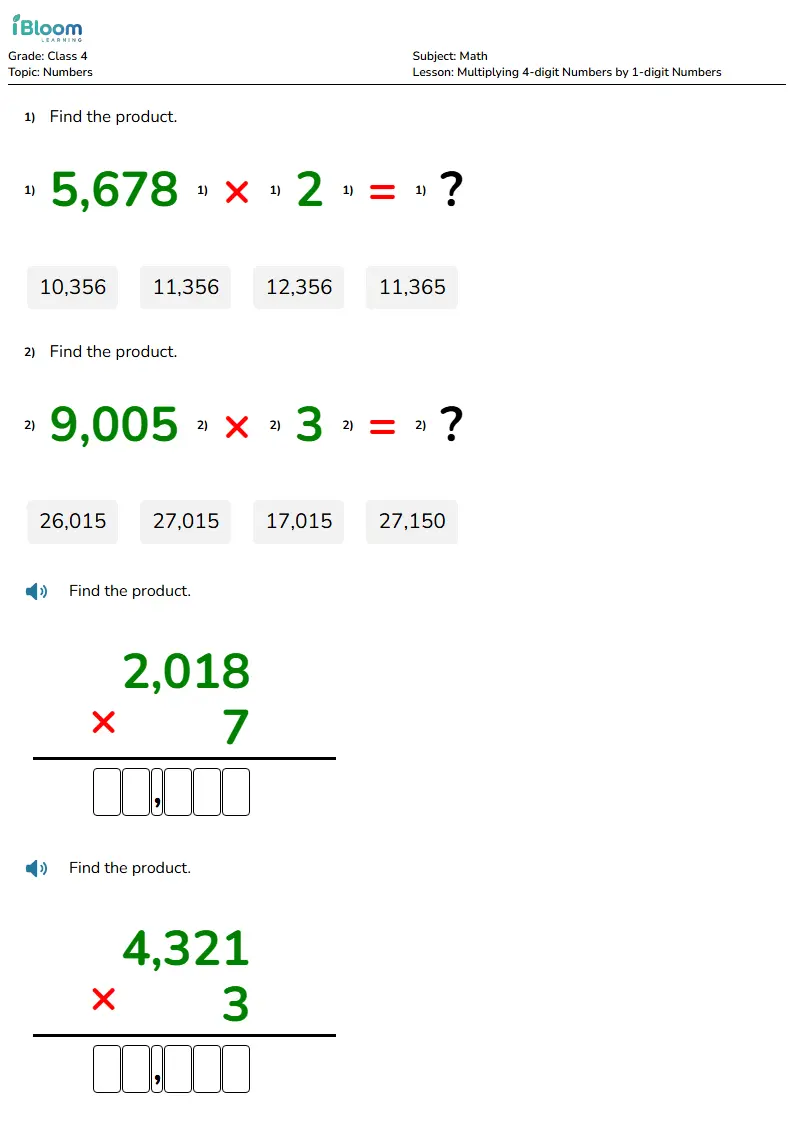 Free Multiplying 4-digit Numbers by 1-digit Numbers Worksheets for Class 4 | iBloom