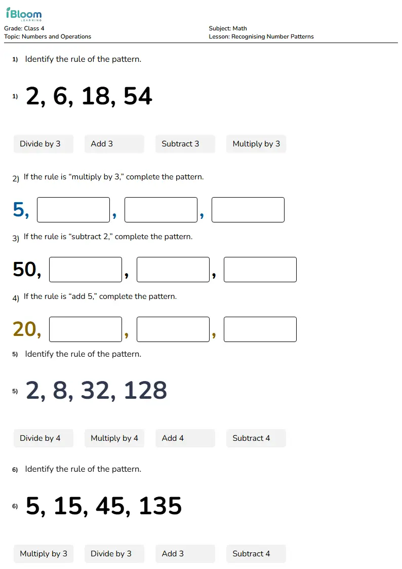 Free Recognising Number Patterns Worksheets for Class 4 | iBloom
