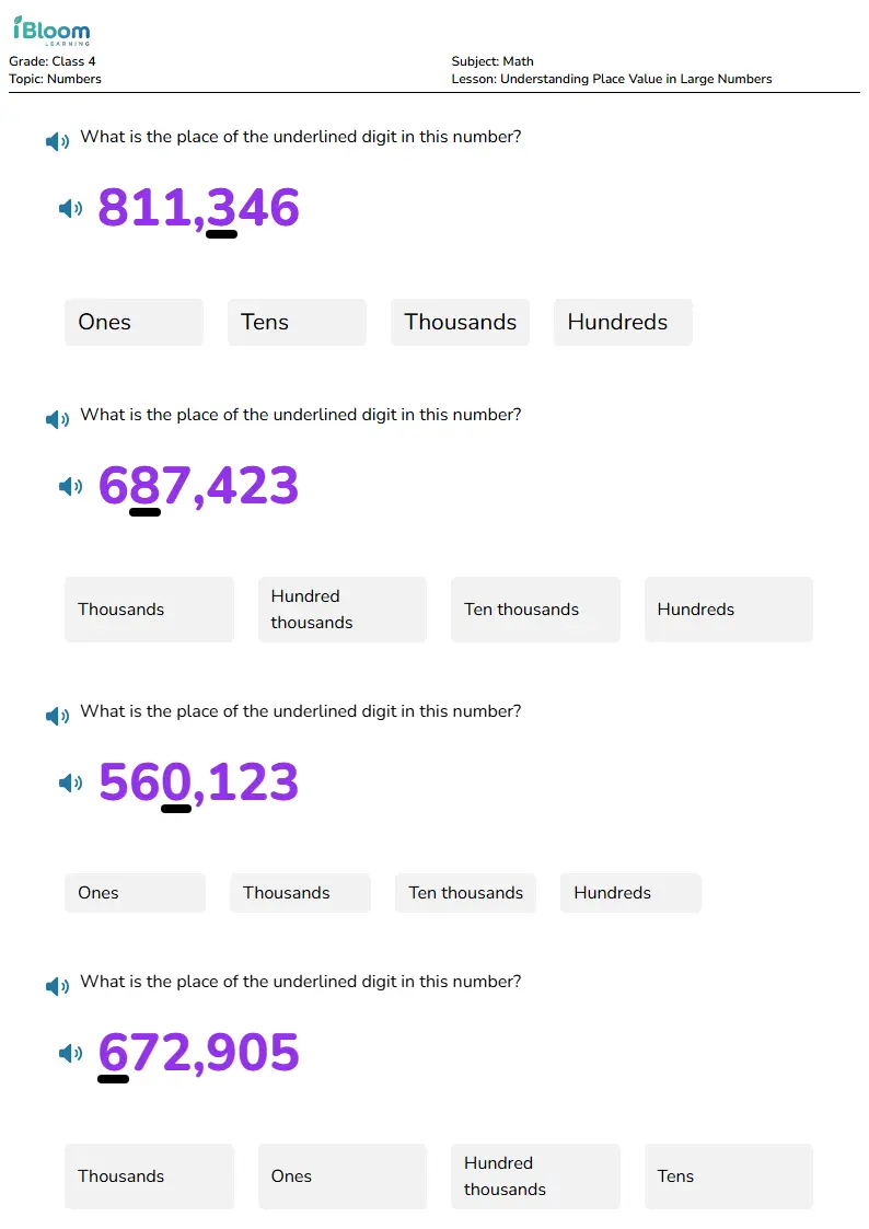 Free Understanding Place Value in Large Numbers Worksheets for Class 4 | iBloom