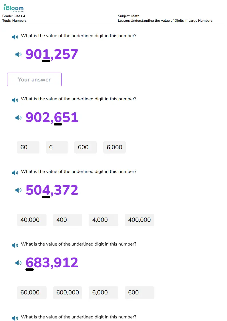 Free Understanding the Value of Digits in Large Numbers Worksheets for Class 4 | iBloom