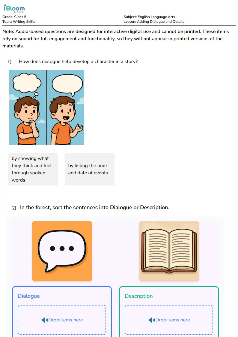 Free Adding Dialogue and Details Worksheets for Class 5