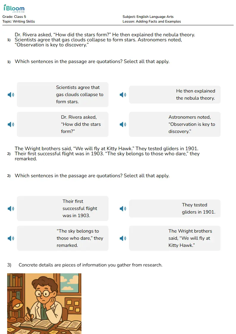 Free Adding Facts and Examples Worksheets for Class 5