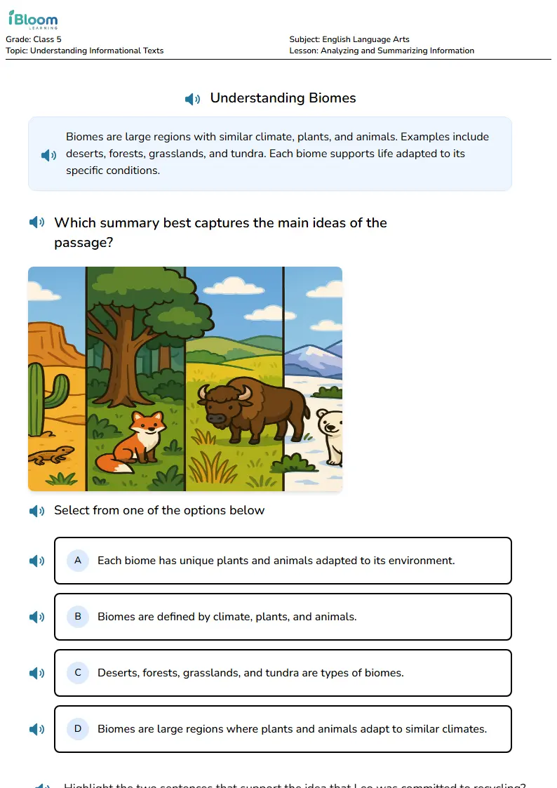 Free Analyzing and Summarizing Information Worksheets for Class 5
