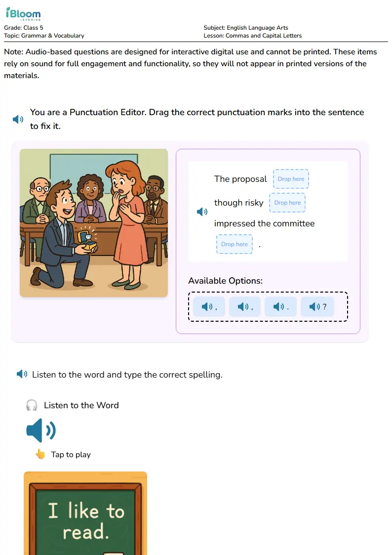 Free Commas and Capital Letters Worksheets for Class 5