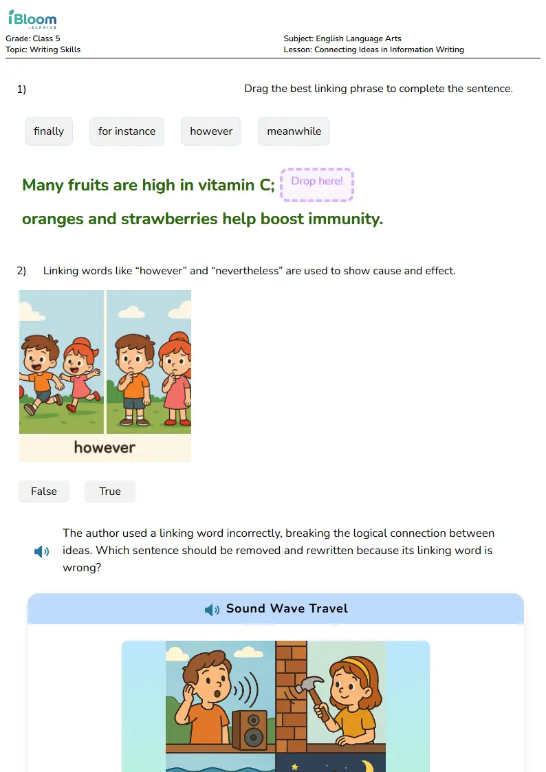 Free Connecting Ideas in Information Writing Worksheets for Class 5