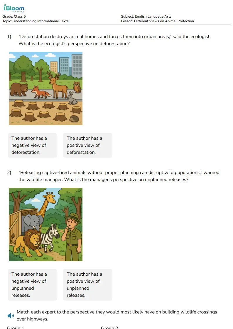 Free Different Views on Animal Protection Worksheets for Class 5