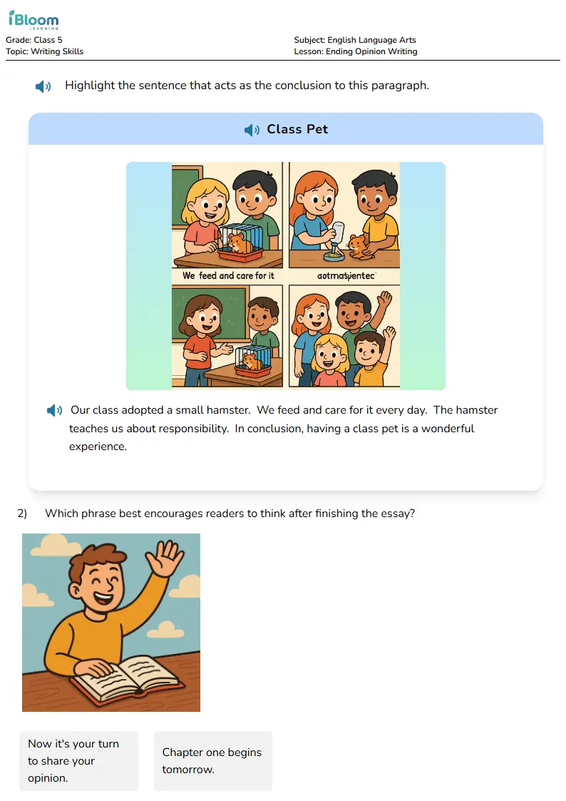 Free Ending Opinion Writing Worksheets for Class 5