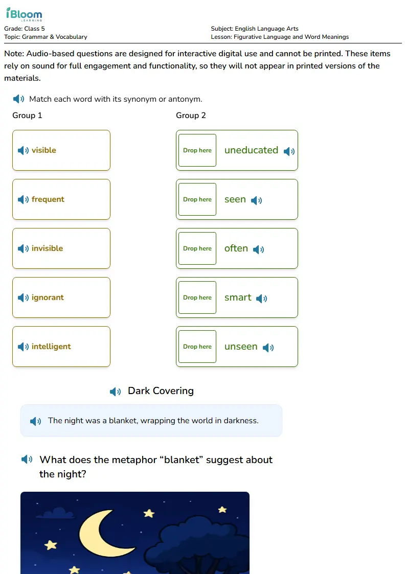 Free Figurative Language and Word Meanings Worksheets for Class 5