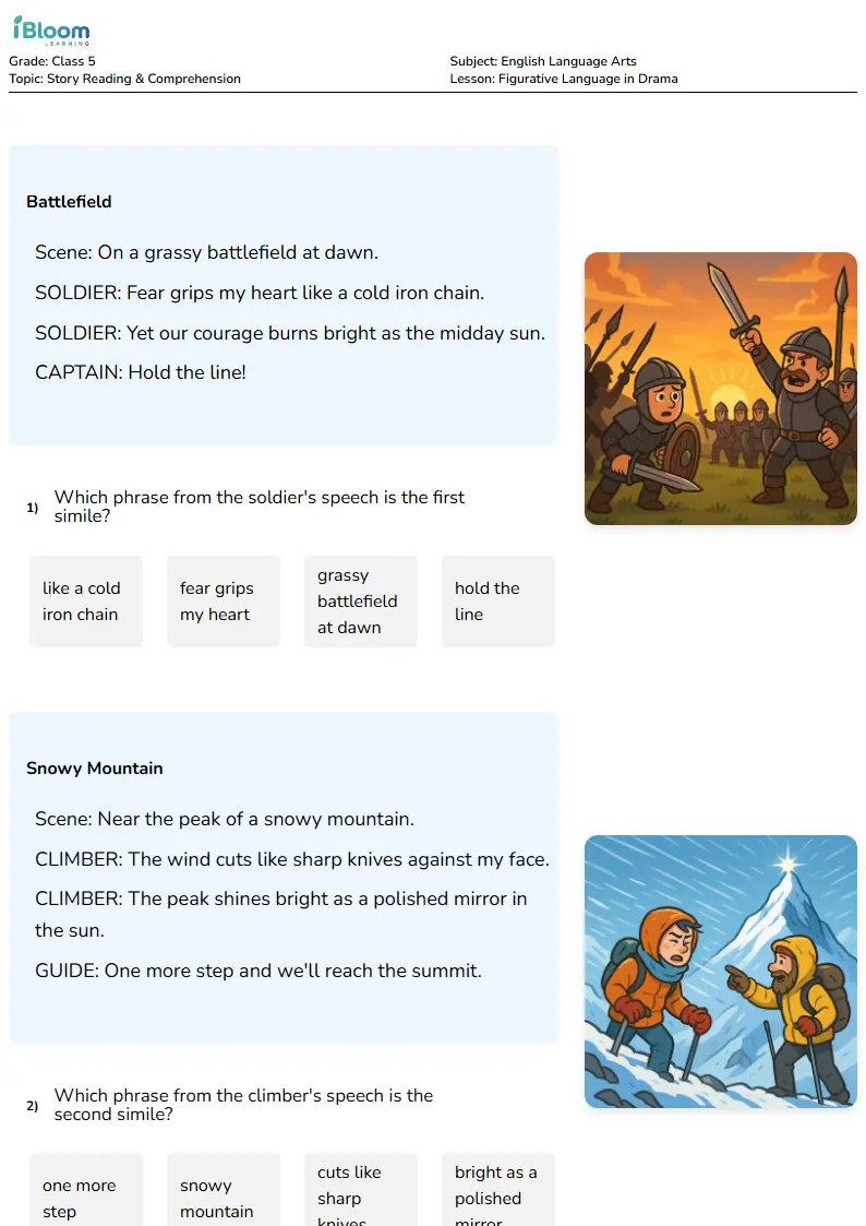 Free Figurative Language in Drama Worksheets for Class 5