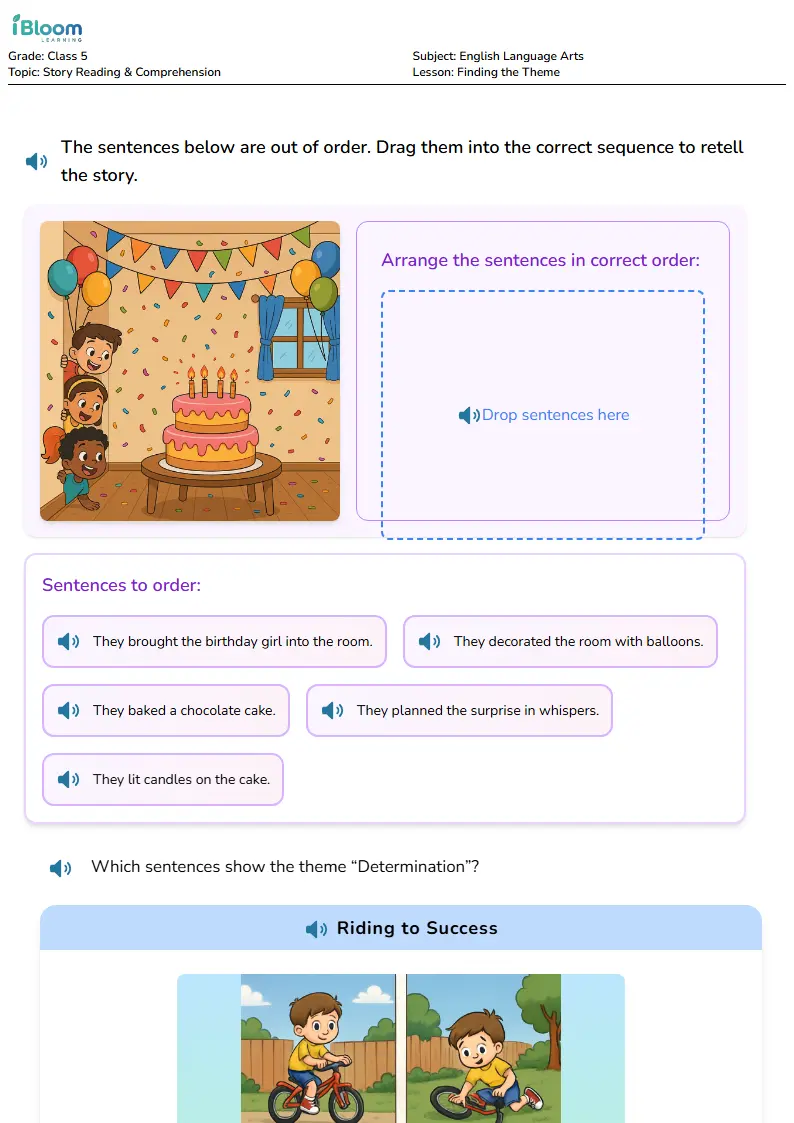 Free Finding the Theme Worksheets for Class 5