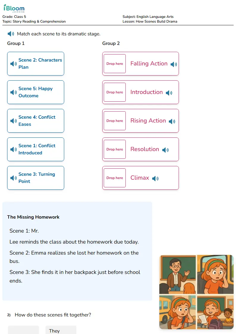 Free How Scenes Build Drama Worksheets for Class 5