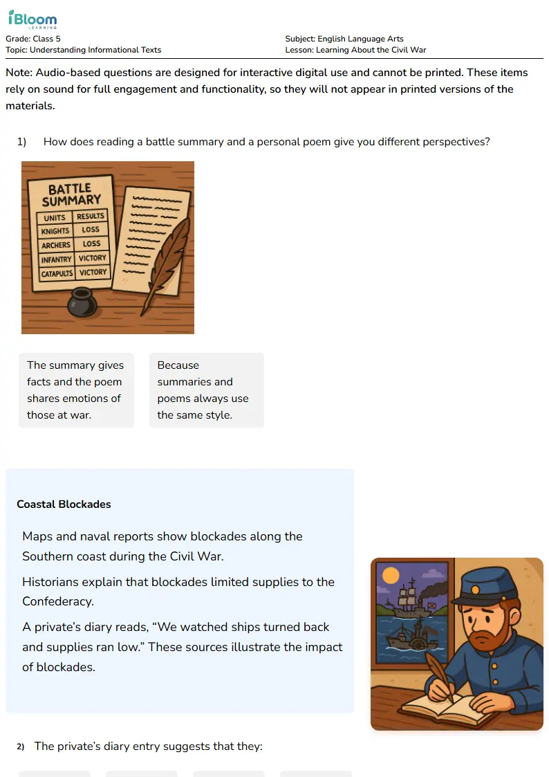 Free Learning About the Civil War Worksheets for Class 5 | iBloom