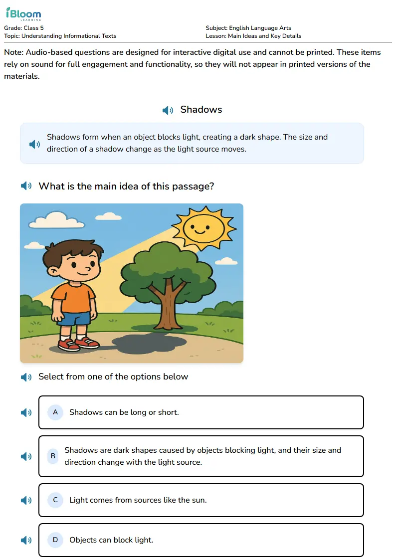 Free Main Ideas and Key Details Worksheets for Class 5 | iBloom
