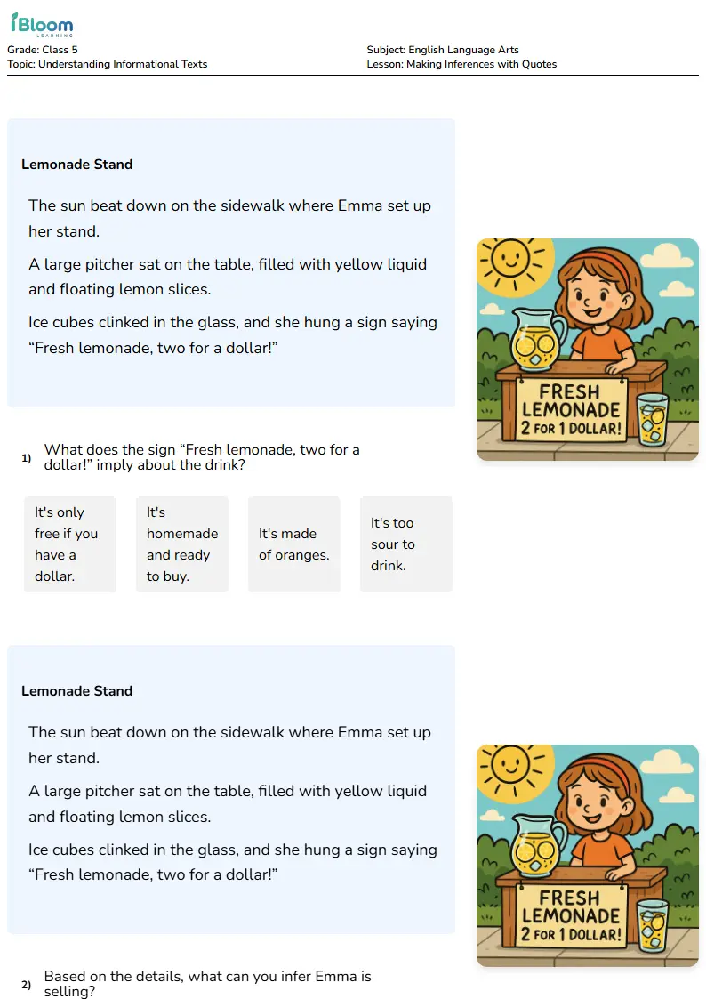 Free Making Inferences with Quotes Worksheets for Class 5 | iBloom