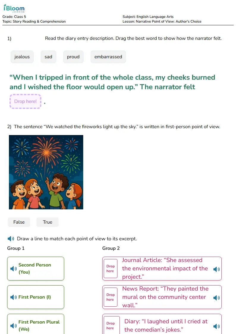Free Narrative Point of View: Author's Choice Worksheets for Class 5 | iBloom