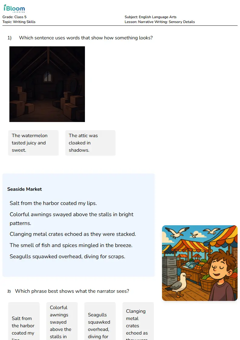 Free Narrative Writing: Sensory Details Worksheets for Class 5 | iBloom