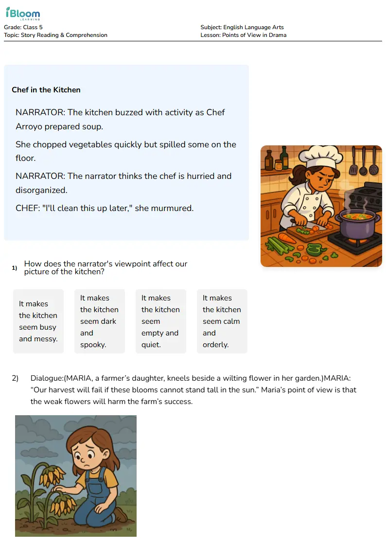 Free Points of View in Drama Worksheets for Class 5 | iBloom