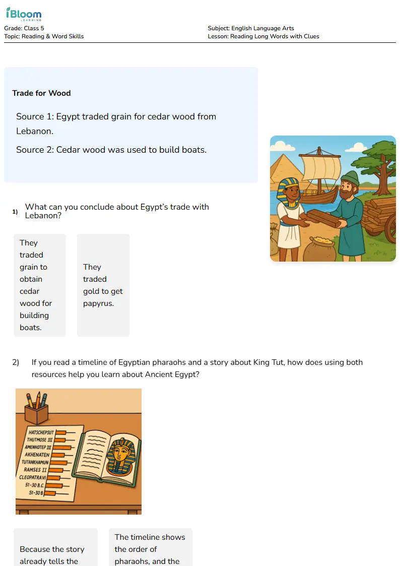 Free Reading Long Words with Clues Worksheets for Class 5 | iBloom